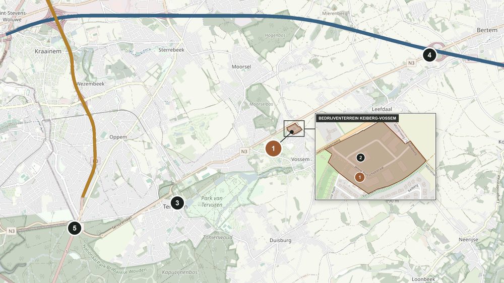 Kaart van de regio Tervuren met de E40 in blauw, de Ring rond Brussel in oker, het bedrijventerrein Keiberg-Vossem, Fura Park, het Politiehuis Voer en Dijle, het centrum van Tervuren en de op- en afritten van de E40 in Bertem en van de Ring in Tervuren.